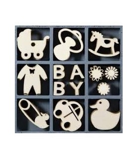 Caja con 45 Piezas Troqueladas de Madera Bebes