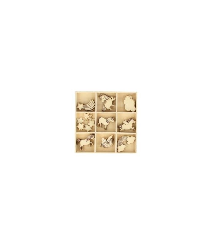 Caja con 27 piezas Troqueladas  Madera Artemio Unicornios-Formas Troqueladas-Batallon Manualidades