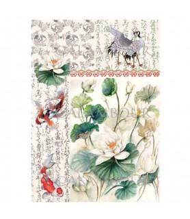 Papel de Arroz Decorado 35 x 50 cm Grulla y loto-Animales-Batallon Manualidades