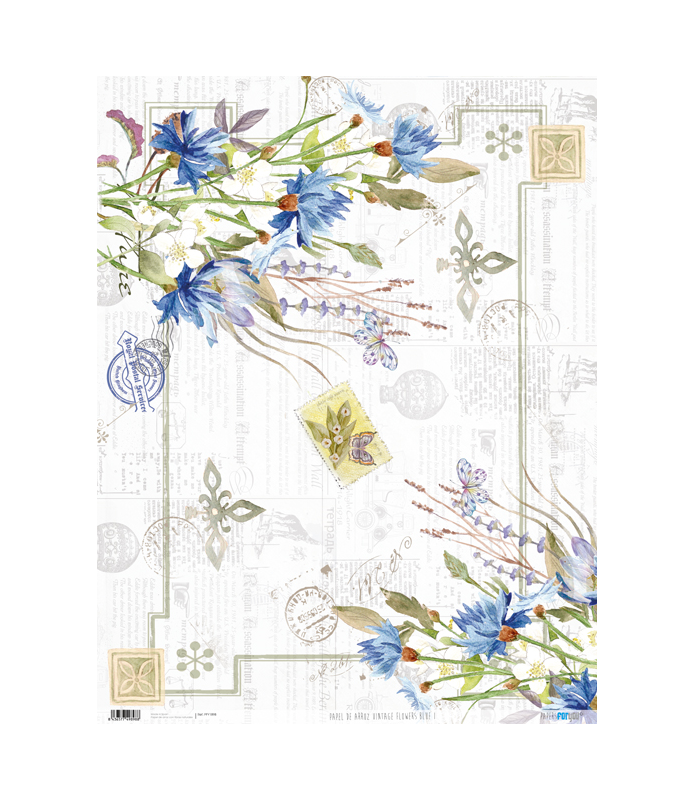 Papel de Arroz  54 x 70 cm Vintage Flowers Blue-Flores y Plantas-Batallon Manualidades