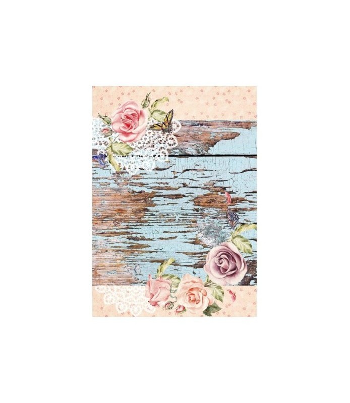 Papel de Arroz Decorado 30 x 42 cm Madera y Rosas