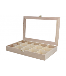 Caja de madera con 9 compartimentos y tapa con cristal, expositor