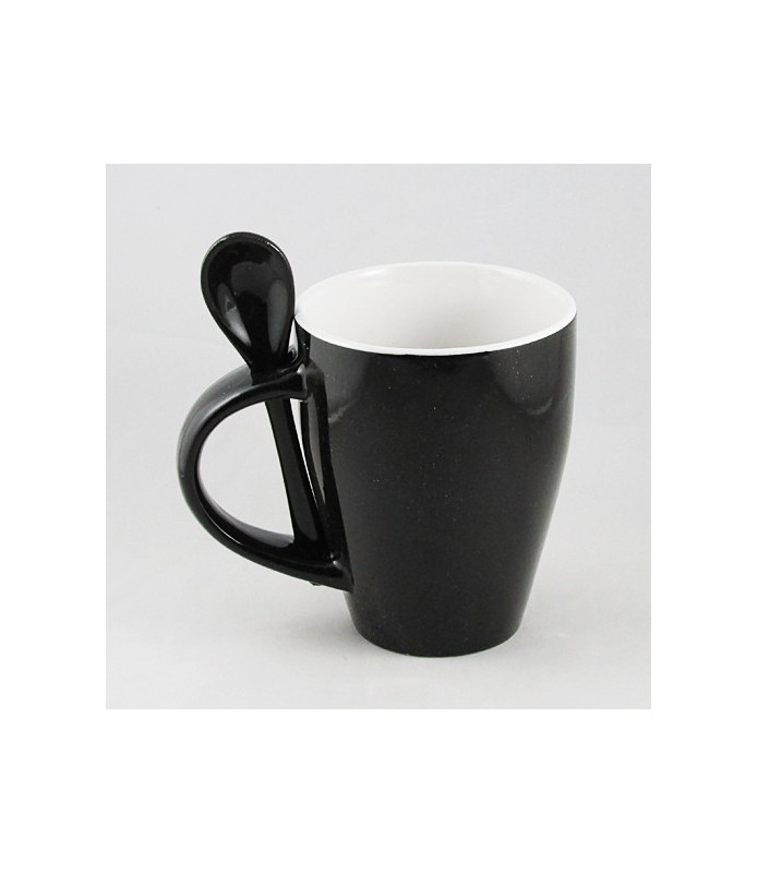 Taza de cerámica negra con cuchara-Objetos para decorar-Batallon Manualidades